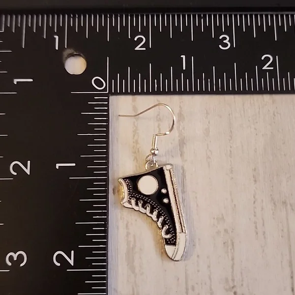 Black Converse Style Silver Tone Earrings 925S Sterling Post ER - Picture 2 of 3